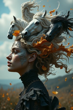 The surreal atmosphere of a beautiful young woman, her thoughts like unruly horses in white, black and brown colors have come out of her mind and head and are moving in different directions.