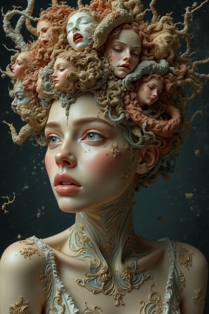 The surreal space of a beautiful young woman's face in a chaotic and disturbed state, mental ruminations and confused thoughts and overthinking of the woman, like the faces of different people with various emotions, have come out from the top of the woman's head and on the left and right side of the woman's head.