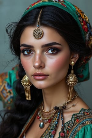 Hyper realism. A beautiful young Iranian village woman wearing a Turkmen floral headscarf is carrying a large clay pot full of colorful flowers and wheat on her head. The woman has long braided hair and brass and bronze ornaments are tied in her hair. She is wearing traditional and local clothes.  has