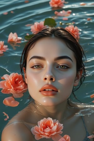 Hyper realism photography of a young woman's face on the water, the water around the woman's face is clear, only the woman's face is out of the water, the sunlight shines on the water and the reflection of colored lights can be seen, the woman's face is relaxed and calm, and rose petals are on the surface of the water  can be seen