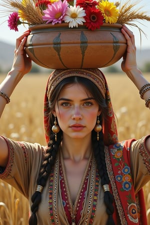 Hyper realism. A beautiful young Iranian village woman wearing a Turkmen floral headscarf is carrying a large clay pot full of colorful flowers and wheat on her head. The woman has long braided hair and brass and bronze ornaments are tied in her hair. She is wearing traditional and local clothes.  has