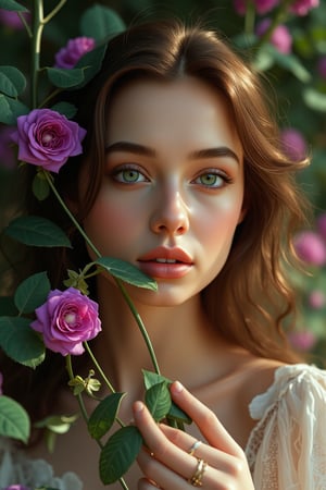 Surreal space, portrait of a beautiful young woman, bony facial shape, big jade green eyes, a small nose and prominent and attractive lips, long brown hair left in the wind, the woman holds long branches of a purple rose in her hand, sunlight from the right side of the image to the face  And the woman's hair is shiny