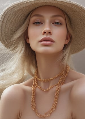 Close-up portrait of a hyper-realistic face of a beautiful young woman wearing a straw hat, blonde hair and ornaments of wooden beads on her ears and neck.  The farm area can be seen next to the woman