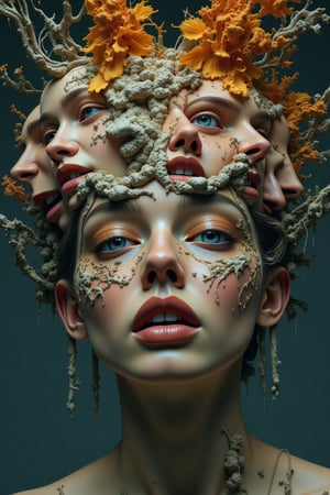 The surreal space of a beautiful young woman's face in a chaotic and disturbed state, mental ruminations and confused thoughts and overthinking of the woman, like the faces of different people with various emotions, have come out from the top of the woman's head and on the left and right side of the woman's head.