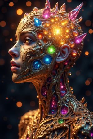 The surreal space of a beautiful young woman in a state of ecstasy, colored lights shine out from inside her head, and small and large colored crystals are visible from inside her head, the skin of her face is made of gold.