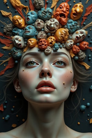 The surreal space of a beautiful young woman's face in a chaotic and disturbed state, mental ruminations and confused thoughts and overthinking of the woman, like the faces of different people with various emotions, have come out from the top of the woman's head and on the left and right side of the woman's head.