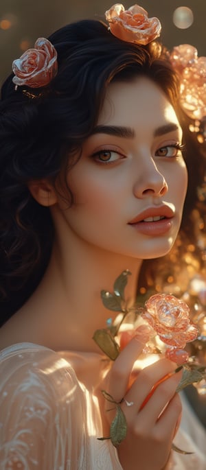 Hyper realism of a beautiful young woman with long dark curly and wavy hair, she has placed crystal roses on her hair, and in her hands there are small and large crystal flowers and gems, the woman is looking at the flowers from the right side of the sunlight, the woman's face and crystal flowers are shining and reflected  Colored lights are seen