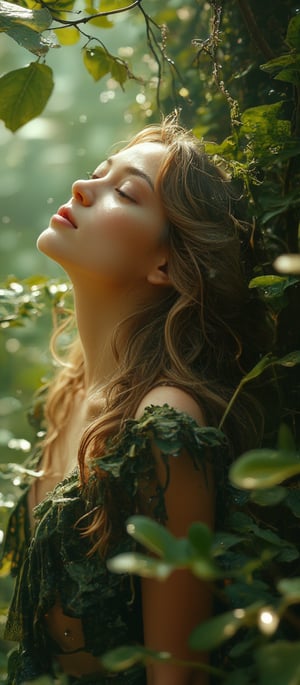 Poetic hyper realism of beautiful young woman relaxing under dew drops listening to birdsong