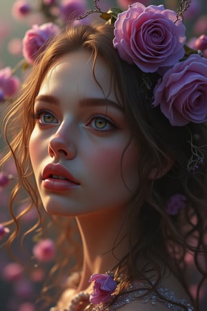 Surreal space, portrait of a beautiful young woman, bony facial shape, big jade green eyes, a small nose and prominent and attractive lips, long brown hair left in the wind, the woman holds long branches of a purple rose in her hand, sunlight from the right side of the image to the face  And the woman's hair is shiny