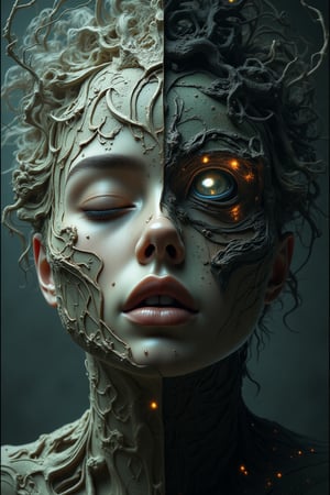 The surreal space of a beautiful young woman's face in a disturbed state, mental ruminations and jumbled thoughts and overthinking women are like different faces of people with various emotions, fear, excitement, hatred, sadness, happiness and... from above  And the left and right sides of the woman's head have come out