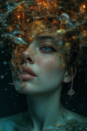 Hyper-realism, a dreamlike atmosphere, narrow lights shining from above, the face of a beautiful young woman with big eyes, hair disturbed in the water waves, colorful fishes and shells, corals and algae can be seen in the woman's hair, the woman is in a poetic mood and  He looks romantically