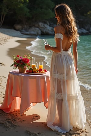 A beautiful beach on a sunny day, a table full of fruits and drinks and colorful flowers, a gentle breeze caresses the hair, a romantic atmosphere