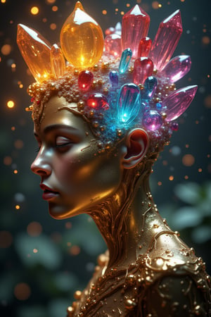 The surreal space of a beautiful young woman in a state of ecstasy, colored lights shine out from inside her head, and small and large colored crystals are visible from inside her head, the skin of her face is made of gold.