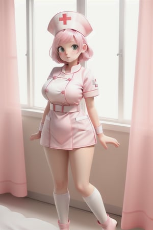 Girl, white skin, pink hair, short hair, slim, big hips, red eyes, huge breasts, height one meter fifty,
pink nurse suit, nurse_hat, white long socks, red cross, nude, 
hospital room,
window, hopital bed, white curtain,
ray of light through the window, 
Manga style, loli,
