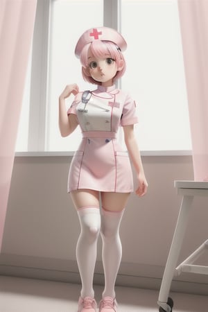 Girl, white skin, pink hair, short hair, slim, big hips, red eyes, huge breasts, height one meter fifty,
pink nurse suit, nurse_hat, white long socks, red cross, nude, 
hospital room,
window, hopital bed, white curtain,
ray of light through the window, 
Manga style, loli,
