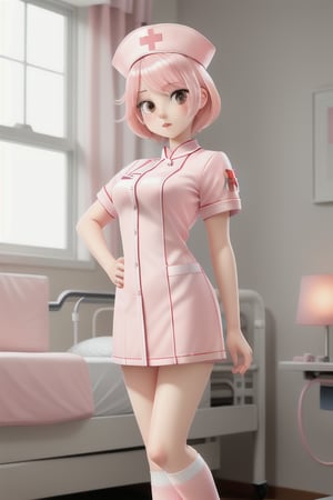 Girl, white skin, pink hair, short hair, slim, big hips, red eyes,
pink nurse suit, nurse_hat, white long socks, red cross,
hospital room,
window,
ray of light through the window, 
Manga style,
