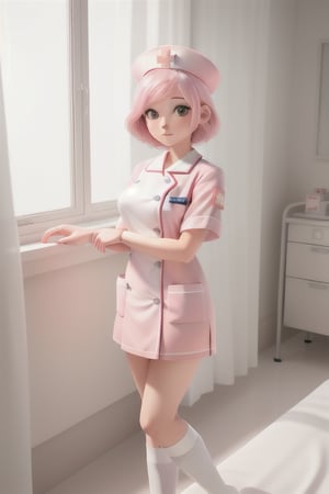 Girl, white skin, pink hair, short hair
pink nurse suit, nurse_hat, white long socks, hospital room,
window,
ray of light through the window, 
