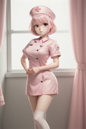 Girl, white skin, pink hair, short hair, slim, big hips, red eyes, huge breasts,
pink nurse suit, nurse_hat, white long socks, red cross,
hospital room,
window,
ray of light through the window, 
Manga style, loli,
