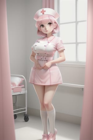 Girl, white skin, pink hair, short hair, slim, big hips, red eyes, huge breasts,
pink nurse suit, nurse_hat, white long socks, red cross,
hospital room,
window, hopital bed, white curtain,
ray of light through the window, 
Manga style, loli,
