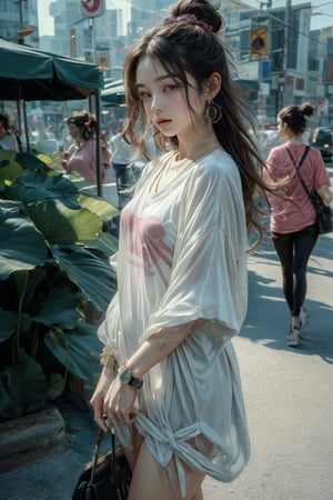 Medium body shot,  ((masterpiece, best quality, ultra detailed, absurdres):1.5) 1girl, solo, long hair, ((bottomless:1.1)), brown hair, (t-shirt, jewelry, pink t-shirt), short sleeves ,necklace, bag, bracelet, watch, handbag, wristwatch,sleepy, standing_up, road, city, traffic