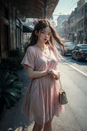 Medium body shot,  ((masterpiece, best quality, ultra detailed, absurdres):1.5) 1girl, solo, long hair, ((bottomless:1.1)), brown hair, (t-shirt, jewelry, pink t-shirt), short sleeves ,necklace, bag, bracelet, watch, handbag, wristwatch,sleepy, standing_up, road, city, traffic