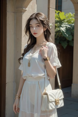 Full body shot,  ((masterpiece, best quality, ultra detailed, absurdres):1.5) 1girl, solo, long hair, skirt, brown hair, shirt, jewelry, white shirt, short sleeves, necklace, bag, bracelet, see-through, watch, handbag, head out of frame, wristwatch