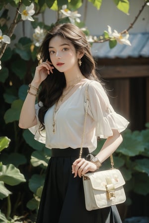 Medium body shot,  ((masterpiece, best quality, ultra detailed, absurdres):1.5) 1girl, solo, long hair, skirt, brown hair, shirt, jewelry, white shirt, short sleeves, necklace, bag, bracelet, see-through, watch, handbag, head out of frame, wristwatch