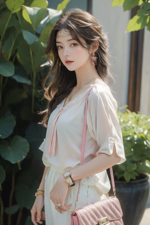 Medium body shot,  ((masterpiece, best quality, ultra detailed, absurdres):1.5) 1girl, solo, long hair, (bottomless), brown hair, (blouse, jewelry, pink blouse), short sleeves ,necklace, bag, bracelet, watch, handbag, wristwatch,sleepy,posing