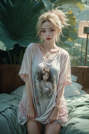 Medium body shot,  ((masterpiece, best quality, ultra detailed, absurdres):1.5) 1girl, solo, long hair, ((bottomless:1.1)), blonde hair, (t-shirt, jewelry, pink t-shirt), short sleeves ,necklace,sleepy, standing_up, bed