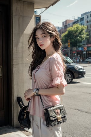 Medium body shot,  ((masterpiece, best quality, ultra detailed, absurdres):1.5) 1girl, solo, long hair, (bottomless), brown hair, (blouse, jewelry, pink blouse), short sleeves ,necklace, bag, bracelet, watch, handbag, wristwatch,sleepy, standing,(Facing forward), road, city, traffic, arms_above_head 