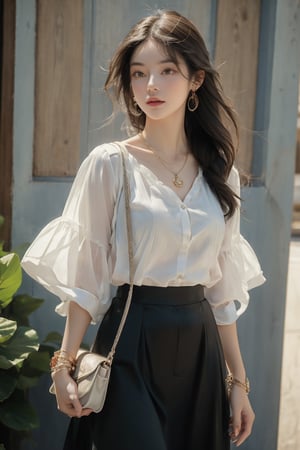 Medium body shot,  ((masterpiece, best quality, ultra detailed, absurdres):1.5) 1girl, solo, long hair, skirt, brown hair, shirt, jewelry, white shirt, short sleeves, necklace, bag, bracelet, see-through, watch, handbag, head out of frame, wristwatch