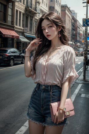 Medium body shot,  ((masterpiece, best quality, ultra detailed, absurdres):1.5) 1girl, solo, long hair, ((bottomless)), brown hair, (blouse, jewelry, pink blouse), short sleeves ,necklace, bag, bracelet, watch, handbag, wristwatch,sleepy, standing_up, road, city, traffic,