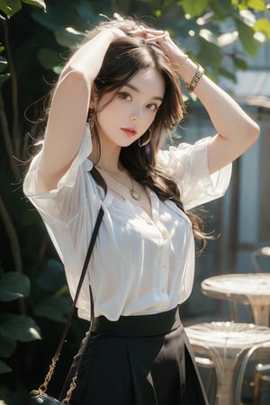 Medium body shot,  ((masterpiece, best quality, ultra detailed, absurdres):1.5) 1girl, solo, long hair, skirt, brown hair, shirt, jewelry, white shirt, short sleeves, necklace, bag, bracelet, see-through, watch, handbag, head out of frame, wristwatch,(arms_up on air)