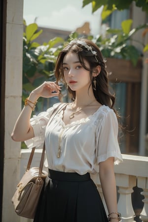 Medium body shot,  ((masterpiece, best quality, ultra detailed, absurdres):1.5) 1girl, solo, long hair, skirt, brown hair, shirt, jewelry, white shirt, short sleeves, necklace, bag, bracelet, see-through, watch, handbag, head out of frame, wristwatch,(hands_above_head)