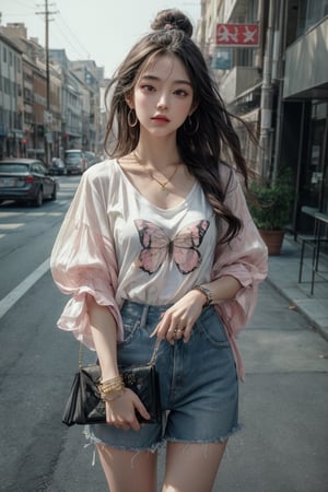 Medium body shot,  ((masterpiece, best quality, ultra detailed, absurdres):1.5) 1girl, solo, long hair, ((bottomless:1.1)), brown hair, (t-shirt, jewelry, pink t-shirt), short sleeves ,necklace, bag, bracelet, watch, handbag, wristwatch,sleepy, standing_up, road, city, traffic,Nice legs and hot body, butterfly_sleeves