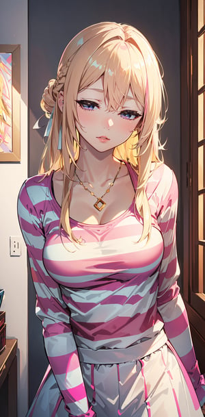 (best quality, masterpiece, illustration, designer, lighting), (extremely detailed CG 8k wallpaper unit), (detailed and expressive eyes), detailed particles,beautiful lighting,looking_at_viewer:1.4,tiny_breasts ,

a beautiful girl,pink_lips,Gold necklace,cute girl,sleepy_eyes,hair_between_breast,messy_hair,long (blonde hair:1.6), ((pink and white striped:1.3) t-shirt),long sleeves,Seductive pose,Enhance,upper_body, pink skirt ,Hair tied,sleepy pose,