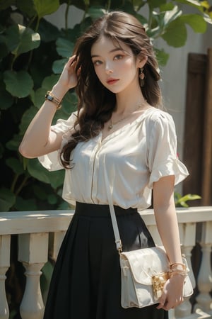 Full body shot,  ((masterpiece, best quality, ultra detailed, absurdres):1.5) 1girl, solo, long hair, skirt, brown hair, shirt, jewelry, white shirt, short sleeves, necklace, bag, bracelet, see-through, watch, handbag, head out of frame, wristwatch