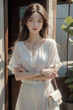 Medium body shot,  ((masterpiece, best quality, ultra detailed, absurdres):1.5) 1girl, solo, long hair, skirt, brown hair, shirt, jewelry, white shirt, short sleeves, necklace, bag, bracelet, see-through, watch, handbag, head out of frame, wristwatch,(arms_crossed)