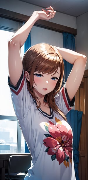 (best quality, masterpiece, illustration, designer, lighting), (extremely detailed CG 8k wallpaper unit), (detailed and expressive eyes), detailed particles, beautiful lighting, a cute girl, long blonde hair, wearing white oversized t-shirt,sleepy,wavy_hair,bottomless,arms up in air,full off floral patterned t-shirt,pink_lips,puffy_short_sleeves,minako sanada