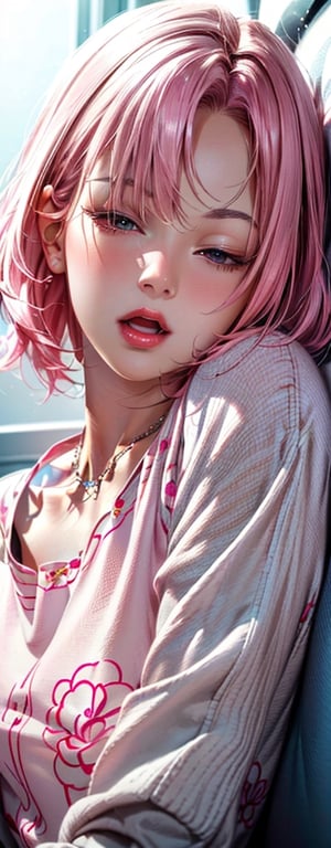 A very cute and beautiful blonde girl pictures, (10years old: 1.1), portrait of a girl,expressionless, (looking straight at you:1.3),(bedroom:1.3),
BREAK,
(pink hair: 1.2),messy_hair,short hair,wavy_hair,(detailed beautiful girl: 1.4), Parted lips, Red lips, (shiny skin),(bed, sleeping:1.4, eyes open,Pillow,)
BREAK
(View viewer,necklace,white skirt,(pink flower pattern shirt:1.4),long sleeves,(open mouth:1.2)
BREAK, 
(detailed bedroom background:1.2), (Studio lighting: 1.3), (Cinematic lights: 1.3), (backlight: 1.3), dim lighting, lighting that covers the whole body,
BREAK, 
(Realistic, Photorealistic: 1.37), (Masterpiece, Best Quality: 1.2), (Ultra High Resolution: 1.2), (RAW Photo: 1.2), (Sharp Focus: 1.3), (Face Focus: 1.2), (Ultra Detailed CG Unified 8k Wallpaper: 1.2), (Beautiful Skin: 1.2), (pale Skin: 1.3), (Hyper Sharp Focus: 1.5), (Ultra Sharp Focus: 1.5), ( Beautiful pretty face: 1.3), (super detailed background, detail background: 1.3), Ultra Realistic Photo, Hyper Sharp Image, Hyper Detail Image,realistic,sleepy, iu, yuuki asuna, miyo,haruno sakura,sakura haruno