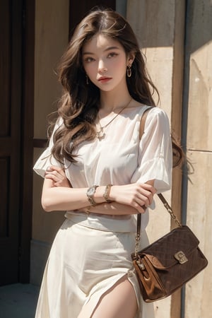 ((masterpiece, best quality, ultra detailed, absurdres):1.5) 1girl, solo, long hair, skirt, brown hair, shirt, jewelry, white shirt, short sleeves, necklace, bag, bracelet, see-through, watch, handbag, head out of frame, wristwatch,facing_viewer,arms_crossed