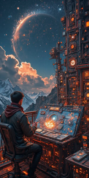 A deep colored watercolor painting, fine art,  with black ink character portrait illustration, a man sitting at his futuristic complicated machinery table on the terrace and focused painting an artificial 3d map of the universe, outdoors, cloudy sky, cloud, no other humans, night,  treehouse, dark star less night sky, scenery, cables, plates, screens, glowing applications, technical mechanics, watercraft, Shakespeare, RYB Red, Pantone orange, Vivid Orange Peel colors, thin brush strokes, 