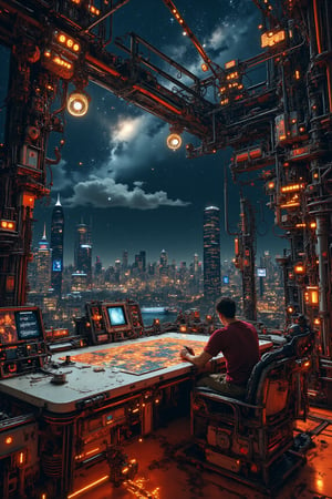 A deep colored watercolor painting, fine art,  with black ink character portrait illustration, a man sitting at his futuristic complicated machinery table on the oval terrace and focused painting a map of the universe, outdoors, Asteriskless sky, cloud, no other humans, night, brutalism building, dark black star less night sky, scenery, cables, plates, screens, glowing applications, technical mechanics, watercraft, Shakespeare, RYB Red, Pantone orange, Vivid Orange Peel colors, thin brush strokes, 