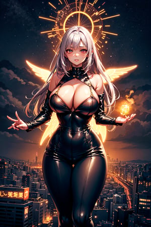 A woman with silver glowing hair and ugly face, wide hips and big breasts holds a radiant star in her hand, and in the background, tokyo city at night in flashy neon lights,DonMN1x13