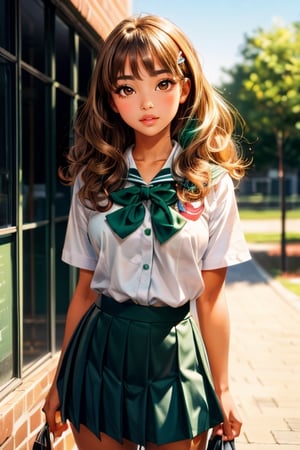 (best quality, masterpiece, ultra quality), cute girl, shiny silky brown blonde curly hair, deep tanned skin, slight bangs, big_thighs, UHD quality, red school skirt, stormy blue green eyes, school_uniform, white, hairclips, cute, cherry lips, hot, standing, blue green eyes, american, babyface, realistic, ,inboxDollPlaySetQuiron style, a little bit of freckles, preppy style, brown eyes, (detailed brown eyes), green highlights on hair, school background, reflected light in eyes