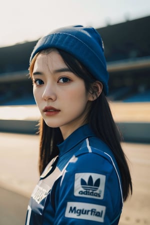 portrait of 1girl, fluffy long hair, soft light, rim light, beautiful shadow, low key, (photorealistic, raw photo:1.2), (natural skin texture, realistic eye and face details), hyperrealism, ultra high res, 4K, Best quality, masterpiece, ((BLUE RACING SUIT)), ((Race track background)), beanie_hat with a adidas log