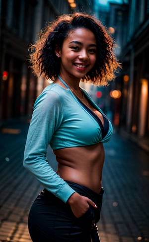 (masterpiece, professional 8k ,photorealic photograph), low  camera field view, full portrait of a stunning  black woman, light  skinned chocolate colour , black  hair  ,lovely face, realisic , thick thighs,   detailed dark background, wearing a light blue bikini and a  ragged trousers,smiling with a unique smile,very smooth face, medium saturation,sharp image,high_school_girl,	 SILHOUETTE LIGHT PARTICLES