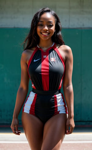 (masterpiece, professional 8k ,photorealic photograph),  low camera field view, full portrait of a stunning  black woman, light  skinned chocolate colour , black  hair  ,lovely face, realisic , thick thighs,   detailed dark background, wearing a nude black
 basketball outfit
 and,smiling with a unique smile,very smooth face, medium saturation,sharp image,high_school_girl,	 SILHOUETTE LIGHT PARTICLES,JessicaWaifu