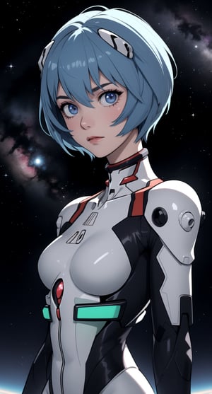 centered, upper body, award winning upper body portrait, detailed face, (beautiful detailed eyes:1.2), | solo, woman, dark blue hair color, very short hairstyle, dark blue eyes, (neon futuristic armor), (dark blue gem on chest), | symetrical and detailed armor, | mystical, nebulosa, cosmic vibe, | depht of field, | space atmosphere, | hyperealistic shadows, smooth detailed, |,rei ayanami