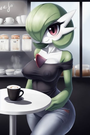 Gardevoir, White skin, red eyes, green hair, short hair, breasts, solo, shiny skin, eyelashes, black shirt, no_sleeves, jeans, shiny, collarbone, looking at viewer, smile, happy, café